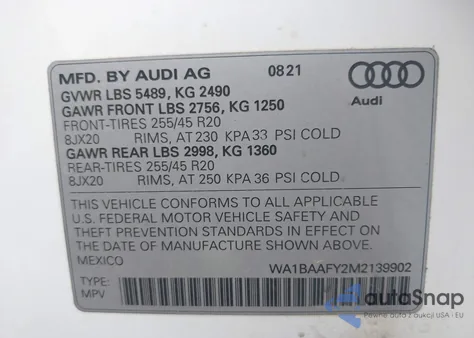 2021 Audi Q5 Premium Plus 45 Tfsi Quattro S Tronic из США, поврежденный, VIN WA1BAAFY2M2139902